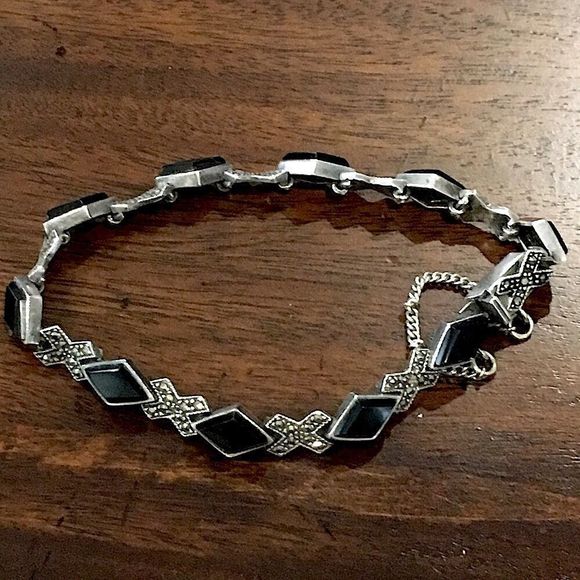Vintage Black Onyx Marcasite Sterling Silver Tennis Bracelet - Picture 2 of 8